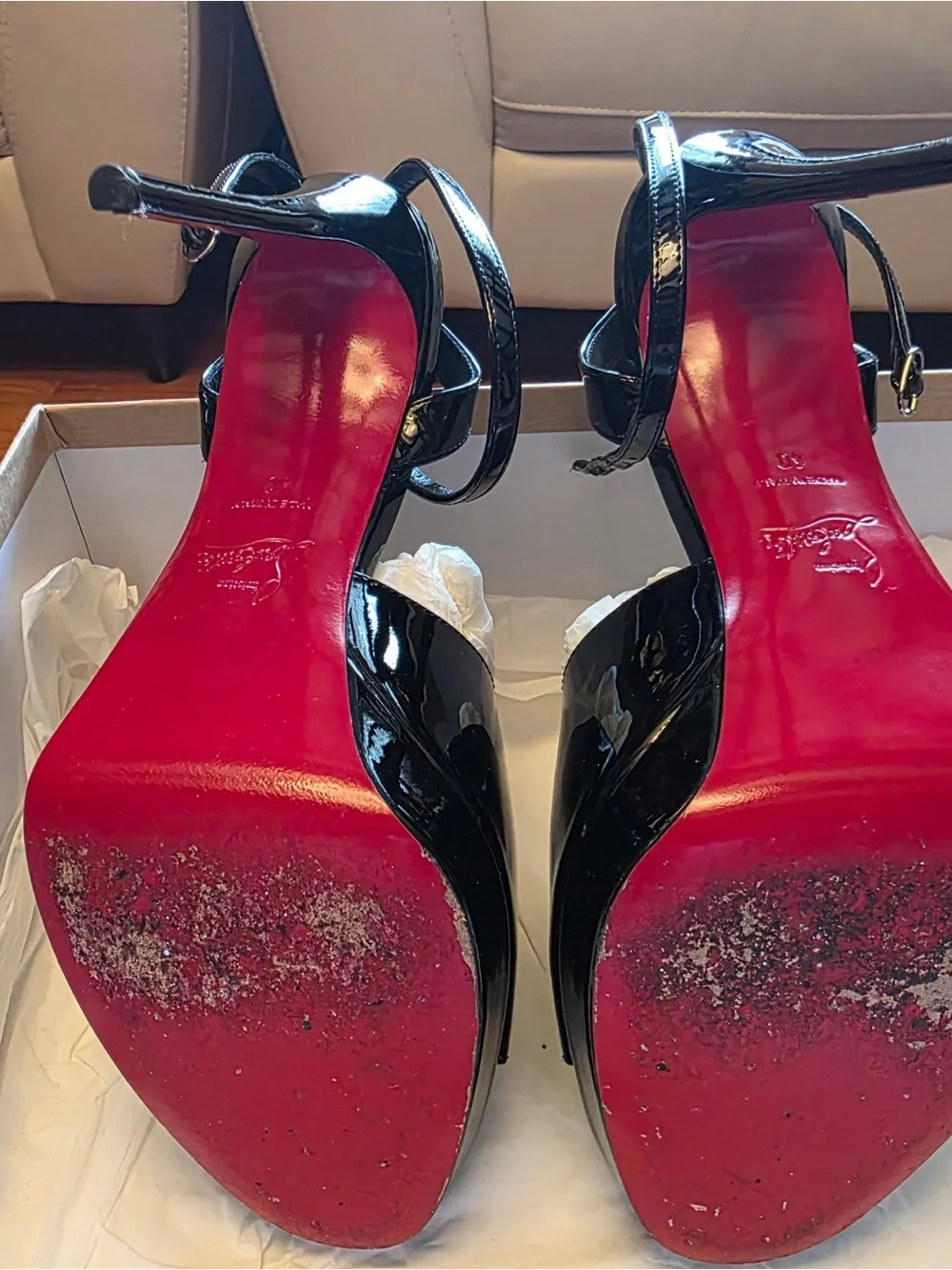 Christian Louboutin Black Patent Platform Slingback Heels with Red Sole Edge